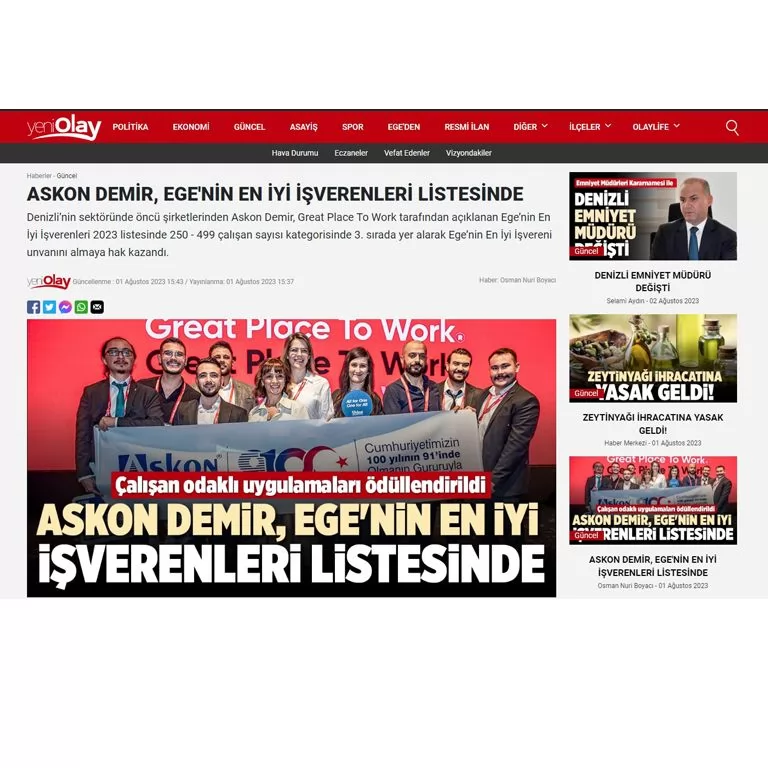 Askon Demir, Ege'nin En İyi İşverenleri Listesinde